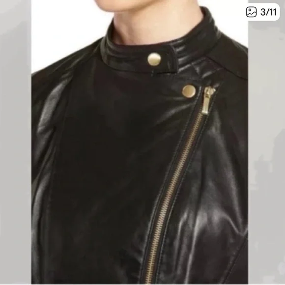 Cole Haan Black Quilted Leather Moto Jacket. Size large. - Picture 3 of 14